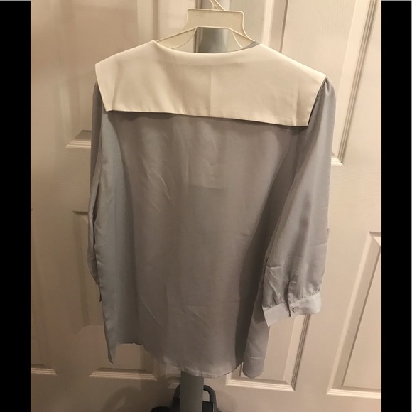 Gray Blouse with White Peter Pan Collar and Tie - Picture 2 of 2